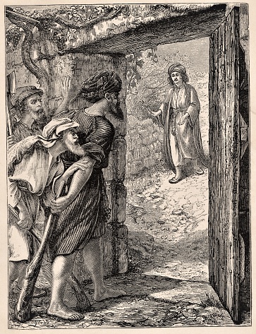 Jesus told a parable about vineyard workers hired, then the owner tended to his other business far away. When harvest came and he sent servants, then his son, to collect, the wicked workers killed them Bible theology. Christianity. Illustration published 1879. Source: Original edition is from my own archives. Copyright has expired and is in Public Domain.
