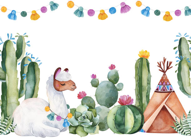 Party invitation with green watercolor cactus,succulents,flowers,garlands,teepee and cute llama Party invitation with green watercolor cactus,succulents,flowers,garlands,teepee and cute llama.Birthday card.Perfect for your project,wedding,print,baby shower,bridal,template,invite and more. cactus borders stock illustrations