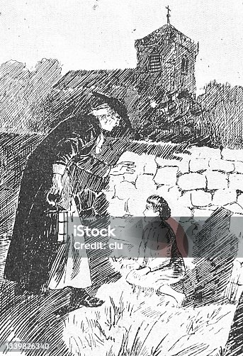 istock Pastor helps a lost child behind the church wall 1339826340