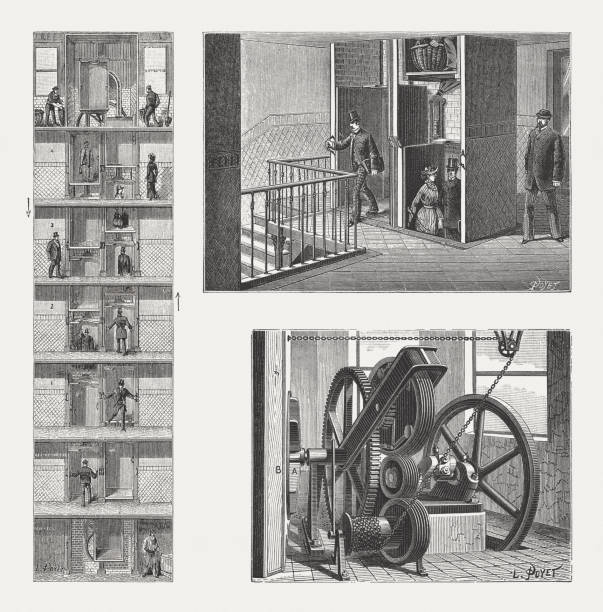 illustrazioni stock, clip art, cartoni animati e icone di tendenza di sollevamento paternoster, ruote di utilizzo e di trasmissione, incisioni in legno, pubblicato nel 1888 - paternoster