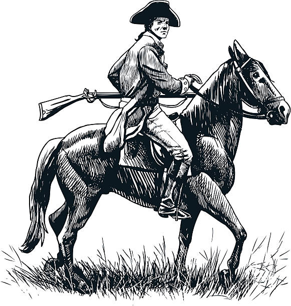 Patriot on Horseback An American colonial patriot on horseback carrying a musket. american revolution stock illustrations