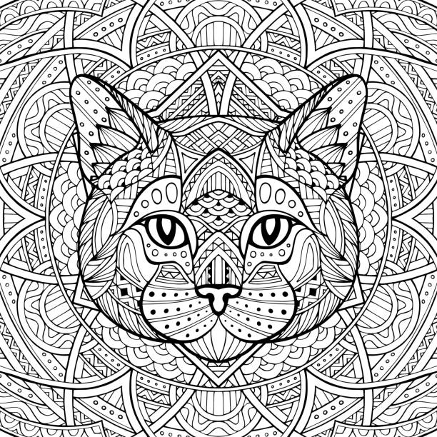 Patterned cat, kitty head in the doodle style of a white background passing. Tribal ornament painted by hand. Coloring Cat. Series ethnic animals. African, Indian. Mandala. Ornament. Patterned cat, kitty head in the doodle style of a white background passing. Tribal ornament painted by hand. Coloring Cat. Series ethnic animals. African, Indian. Mandala. Ornament. cute cat coloring pages stock illustrations