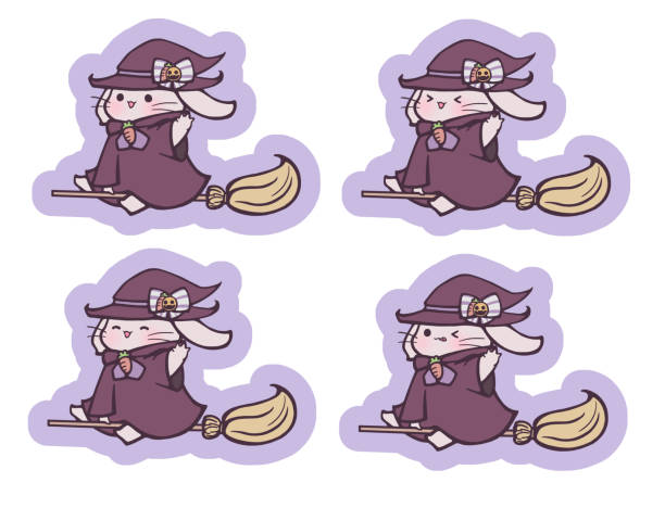 bildbanksillustrationer, clip art samt tecknat material och ikoner med 4 patterns of rabbits riding on a broom in a witch costume - dwarf rabbit