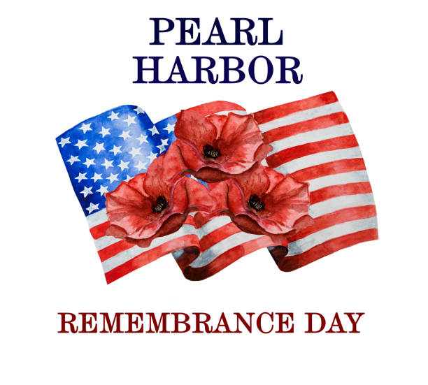 Pearl Harbor Memorial Day. Greeting inscription. National holiday Pearl Harbor Memorial Day. Greeting inscription on the background of the American Flag. National holiday concept. Congratulations for family, relatives, friends and colleagues pearl harbor stock illustrations