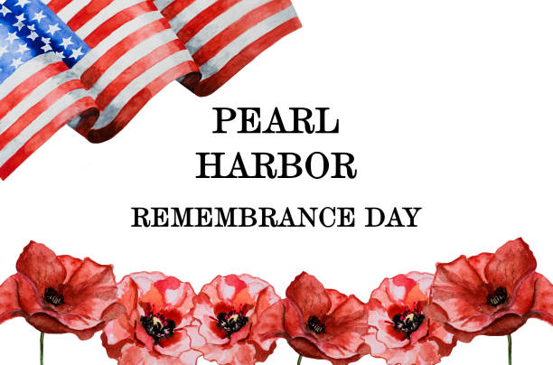 Pearl Harbor Memorial Day. Greeting inscription. National holiday Pearl Harbor Memorial Day. Greeting inscription on the background of the American Flag. National holiday concept. Congratulations for family, relatives, friends and colleagues pearl harbor stock illustrations