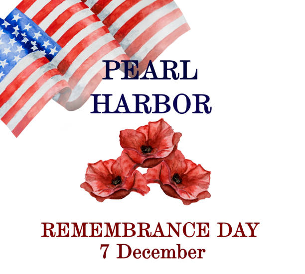 Pearl Harbor Remembrance Day. Greeting inscription Pearl Harbor Remembrance Day. Greeting inscription on the background of the American Flag. National holiday concept. Congratulations for family, relatives, friends and colleagues pearl harbor stock illustrations