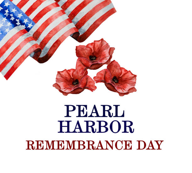 Pearl Harbor Remembrance Day. Greeting inscription. National holiday Pearl Harbor Remembrance Day. Greeting inscription on the background of the American Flag. National holiday concept. Congratulations for family, relatives, friends and colleagues pearl harbor stock illustrations