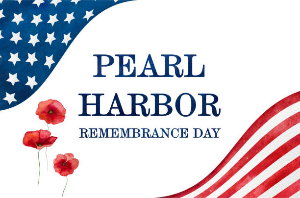 Pearl Harbor Remembrance Day. Greeting inscription. National holiday Pearl Harbor Remembrance Day. Greeting inscription on the background of the American Flag. Closeup, no people. National holiday concept. Congratulations for family, relatives, friends and colleagues pearl harbor stock illustrations