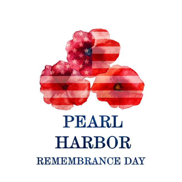 Pearl Harbor Remembrance Day. Greeting inscription. National holiday Pearl Harbor Remembrance Day. Greeting inscription on the background of the American Flag. Closeup, no people. National holiday concept. Congratulations for family, relatives, friends and colleagues pearl harbor stock illustrations