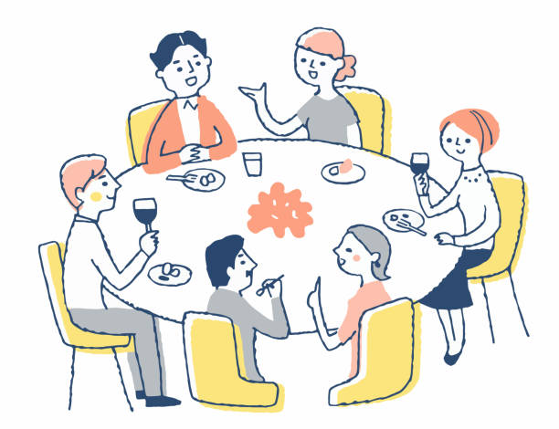 People dining at a round table Eating, drinking, talking, conversation, banquet party social event illustrations stock illustrations