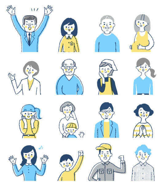 stockillustraties, clipart, cartoons en iconen met mensen van verschillende leeftijden zijn blij om te kijken - alleen japans
