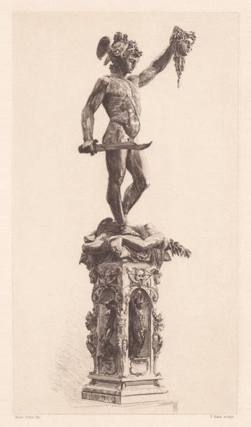 illustrazioni stock, clip art, cartoni animati e icone di tendenza di perseo, creato da benvenuto cellini (1545), incisione, pubblicato nel 1884 - piazza della signoria