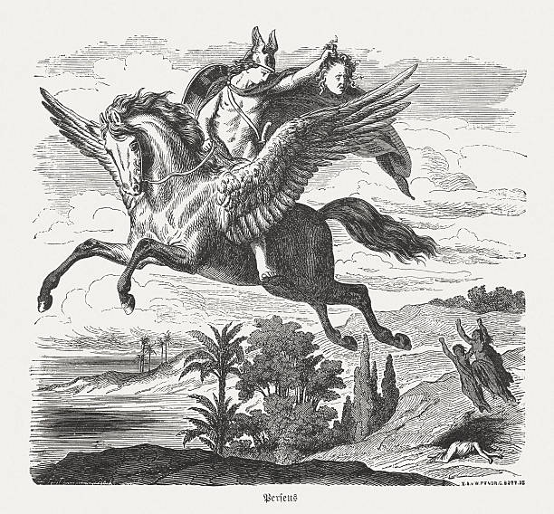 Perseus on Pegasus, Greek Mythology, wood engraving, published in 1880 Perseus with the Medusa head on the winged horse Pegasus. Scene from the Greek mythology. Wood engraving after a drawing by Heinrich Leutemann (German painter, 1824 - 1905), published in 1880. pegasus stock illustrations