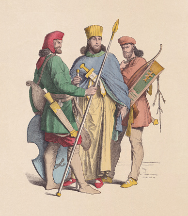 Ancient Persia: Warriors and noble man (center). Hand colored wood engraving, published c. 1880.