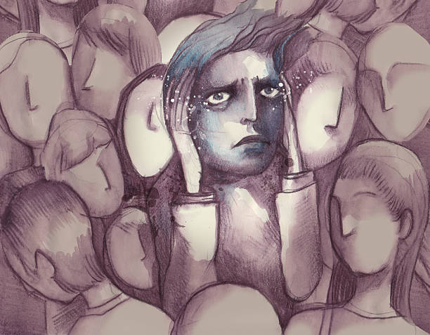 Person having a panic attack amidst a faceless crowd Artist: Elisabetta Stoinich mental illness stock illustrations