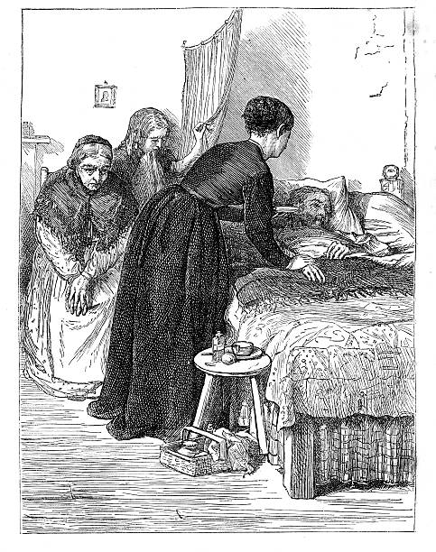 Person in sick (death?) bed with people bedside 1867 magazine vector art illustration