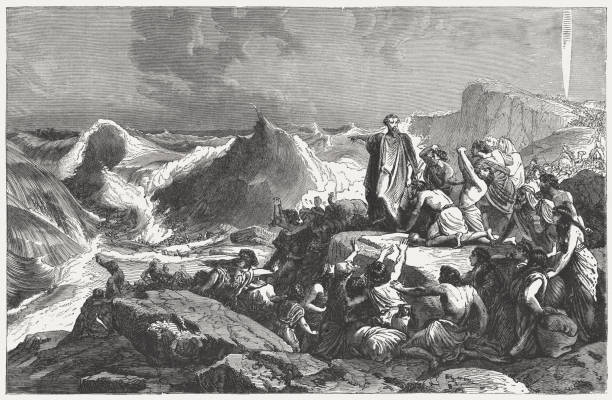 Pharaoh's downfall in the Red Sea (Exodus 14), published 1886 vector art illustration