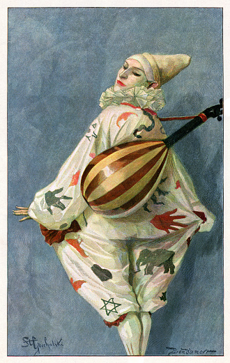 Pierrot with instrument painting 1897
Original edition from my own archives
Source : Universum 1897
Stanisław Grocholski ( born June 6, 1865 in Żołynia, died February 26, 1932 in Buffalo ) was a Polish painter, active in Poland, Germany, and in the United States of America