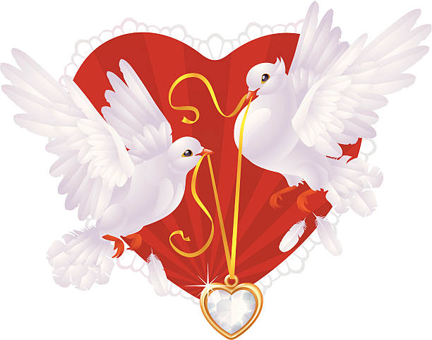Pigeons and hearts Two white pigeons bear a heart of gold in beaks bills saints stock illustrations