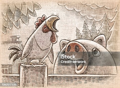 istock piggy meeting crowing rooster 1362517335