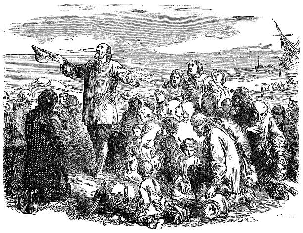 Pilgrim Fathers Leaving England An engraved illustration of the Pilgrim Fathers leaving England, from a Victorian book dated 1883 that is no longer in copyright pilgrim stock illustrations