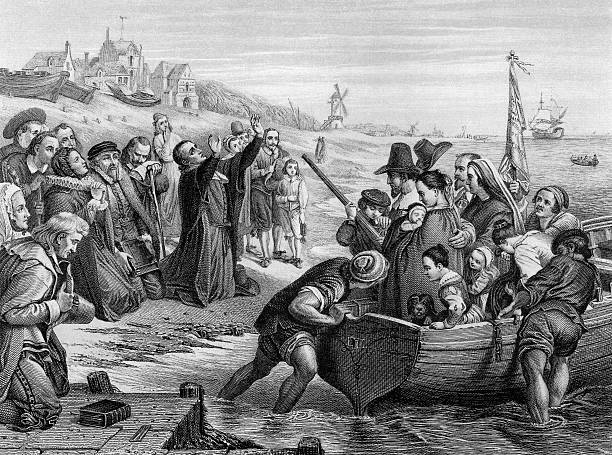Pilgrim Fathers leaving England An engraved illustration of the Pilgrim Fathers leaving England, from a Victorian book dated 1886 that is no longer in copyright pilgrim stock illustrations
