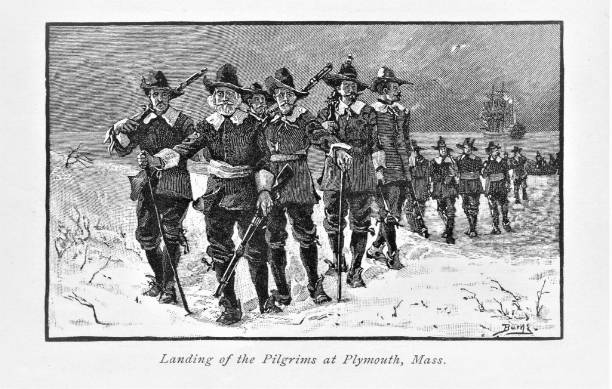 Pilgrims Land at Plymouth, Massachusetts, Colonial America English Pilgrims, called Puritans, colonized Plymouth, Massachusetts, in 1620. Pilgrims escaped religious persecution in England. Illustration published in The New Eclectic History of the United States by M. E. Thalheimer (American Book Company; New York, Cincinnati, and Chicago) in 1881 and 1890. Copyright expired; artwork is in Public Domain. pilgrim stock illustrations