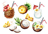 istock Pina colada cocktail set with coconut and pineapple. Watercolor hand drawn illustration,  isolated on white background 954694172