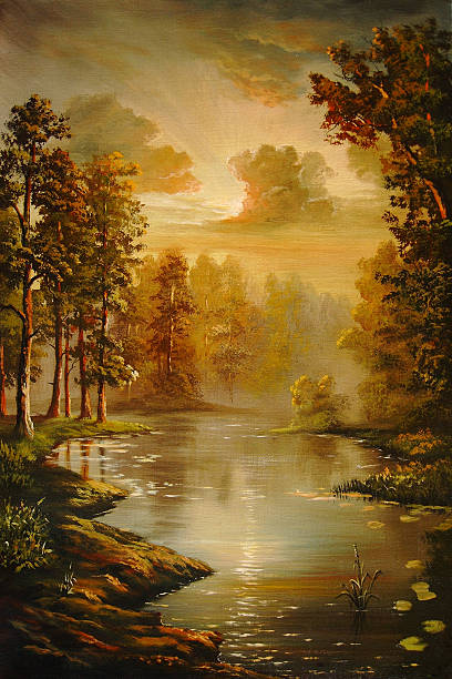 Pines at water Painting. A canvas, oil. landscape painting stock illustrations