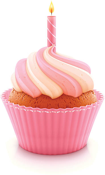 Pink birthday cupcake Vector illustration of pink birthday cupcake with burning candle. birthday clipart stock illustrations