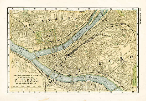피츠버그 펜실베이니아 지도 1898 - 피츠버그 stock illustrations
