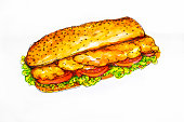 istock Po-boy burger with fried fish, cuisine of New Orleans, USA, watercolor illustration on a white background, sketch 1370263001