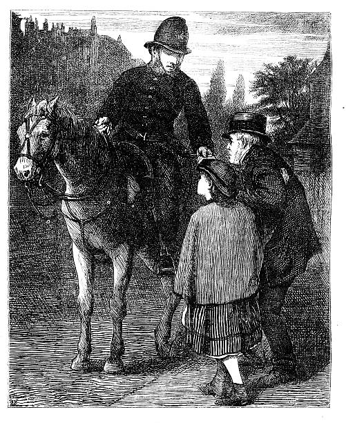 Policeman on horse victorian street scene 1868 magazine vector art illustration