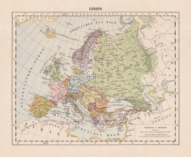 politische landkarte europas, lithographie, veröffentlicht 1893 - ostsee stock-grafiken, -clipart, -cartoons und -symbole