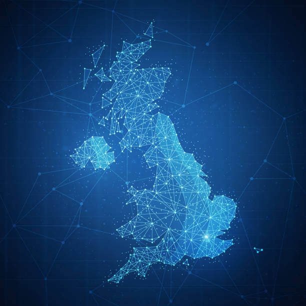 Polygon United kingdom map on blockchain banner Polygon United kingdom map with blockchain technology peer to peer network on futuristic hud background. Network, e-commerce, bitcoin trade and cryptocurrency blockchain business banner concept. cryptocurrency meaning stock illustrations