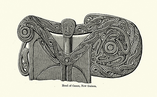 Vintage illustration, Polynesian decorative art, Wood carving, Head of canoe, New Guinea, 19th Century