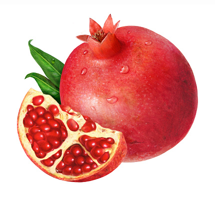 An illustration of a whole pomegranate, a wedge, and two leaves.