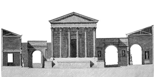 illustrazioni stock, clip art, cartoni animati e icone di tendenza di pompei, lato nord del mercato con il tempio di giove - pompei