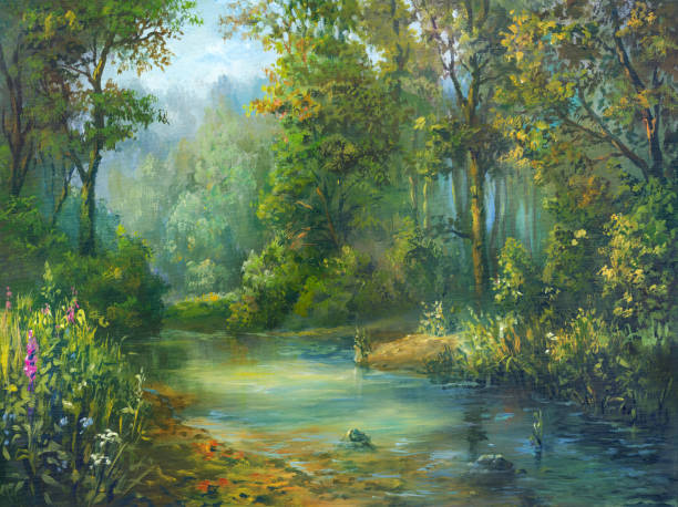 pond in summer forest on a sunny day, painting vector art illustration