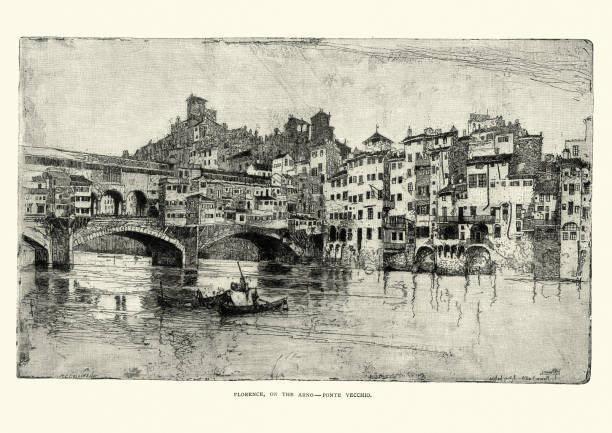 Ponte Vecchio, Florence, Italy, 19th Century Victorian engraving of Ponte Vecchio, Florence, Italy, 19th Century. A medieval stone closed spandrel segmental arch bridge over the Arno River, in Florence, Italy. arno river stock illustrations