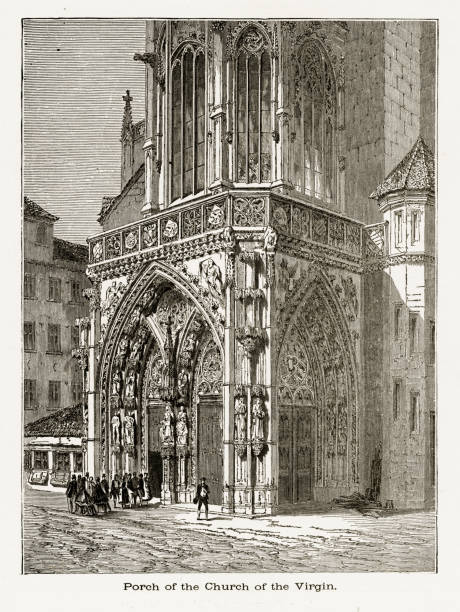 крыльцо церкви богородицы, германия около 1887 года - freiburg stock illustrations