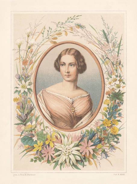 Portrait of a lady with flower frame, lithograph, published 1886 Portrait of a lady from the 19th century with flower frame. Lithograph after a drawing by Hugo Bürkner (German painter, 1818 - 1897), published in 1886. women borders stock illustrations