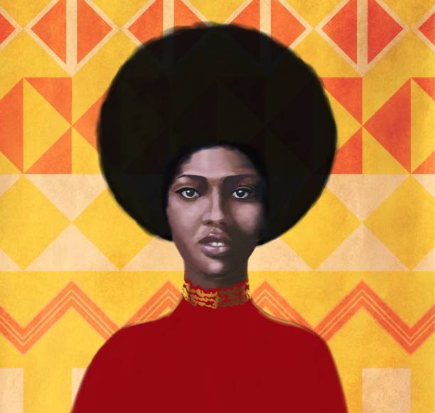 Portrait of a young woman  of African type Falashi Portrait of a young woman of African style Falashi. The girl is depicted full face against the background of traditional geometric African ornament. The gaze is focused and directed towards the viewer. Embossed brushstroke technique afro hairstyle stock illustrations