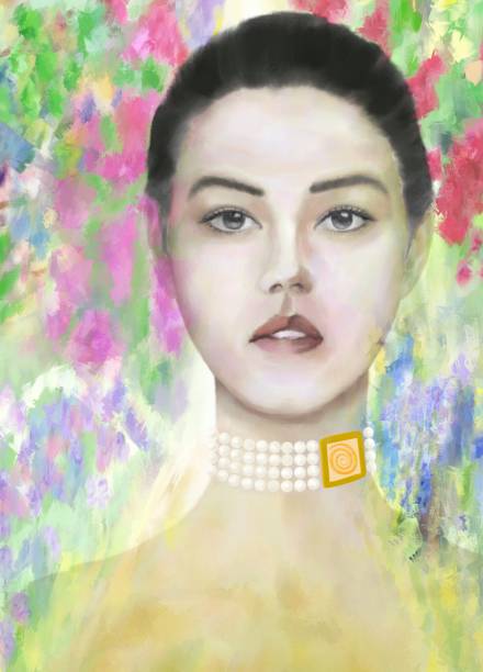stockillustraties, clipart, cartoons en iconen met portret van een jonge vrouw met aziatische en europese wortels met decoraties met inbegrip van het symbool van de zon - blote schouder