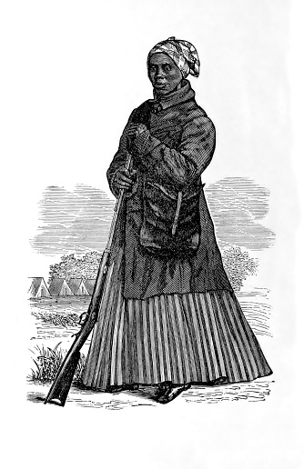 Vintage engraving of Harriet Tubman (1822-1913), an American abolitionist and political activist. Born into slavery, Tubman escaped and later made some 13 missions to rescue approximately 70 slaves using the network of anti-slavery activists and safe houses known as the Underground Railroad. During the American Civil War, she served as an armed scout and spy for the Union Army. In her later years, Tubman was an activist in the movement for women's suffrage.