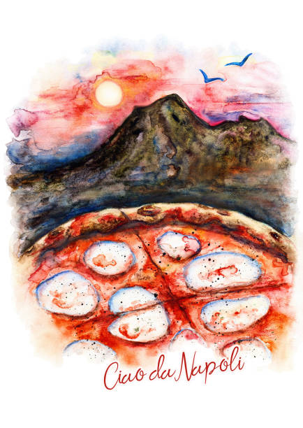 illustrazioni stock, clip art, cartoni animati e icone di tendenza di cartolina da napoli: pizza e vesuvio al tramonto. acquerello. - spezia napoli