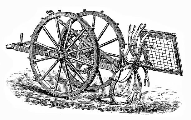 картофель плуг - drawing of a old farm plow stock illustrations.