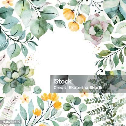 istock Pre-made Greeting card with succulent plants,palm leaves,branches and more 1136230649