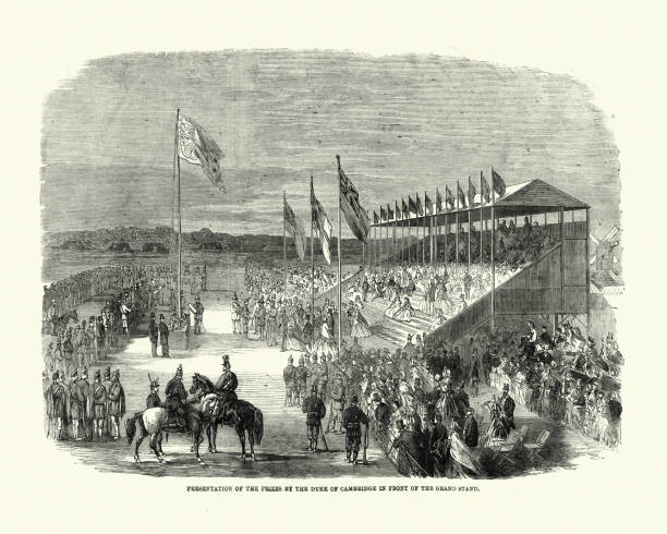 Presentation of Prizes, Victorian target shooting competition, Wimbledon Common, 1861 Vintage illustration of Presentation of Prizes, Victorian target shooting competition, Wimbledon Common, National Rifle Association, 1860s, 19th Century. nra stock illustrations