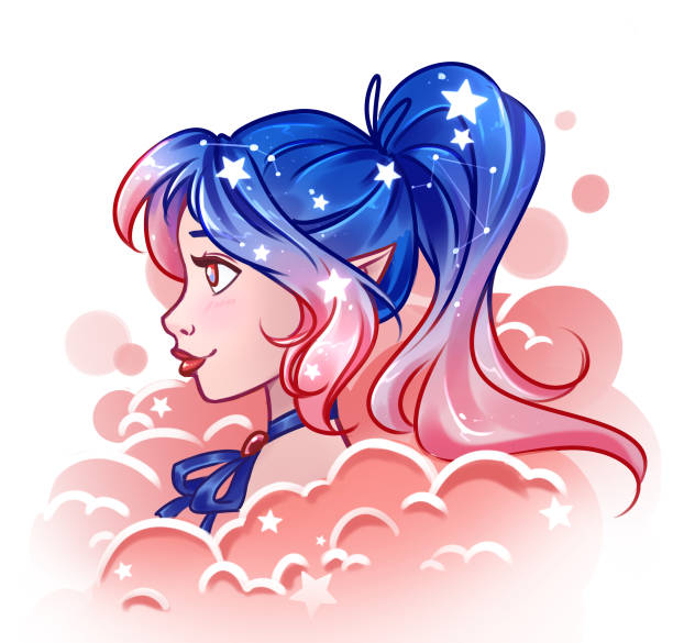 ilustraciones, imágenes clip art, dibujos animados e iconos de stock de bonita chica de dibujos animados con brillo cosmos pelo en colores azul y rosa. - maquillaje kawaii